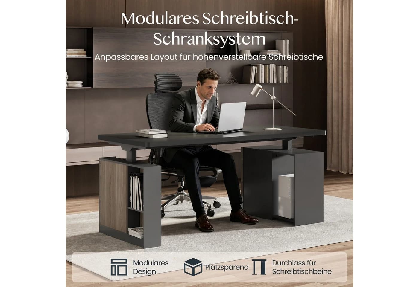 FLEXISPOT Elektrischer Schreibtisch mit Bein-Schrank Set Schwarz