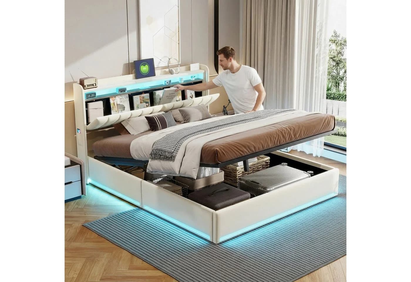 Furnishings Home Polsterbett mit LED-Beleuchtung und Stauraum