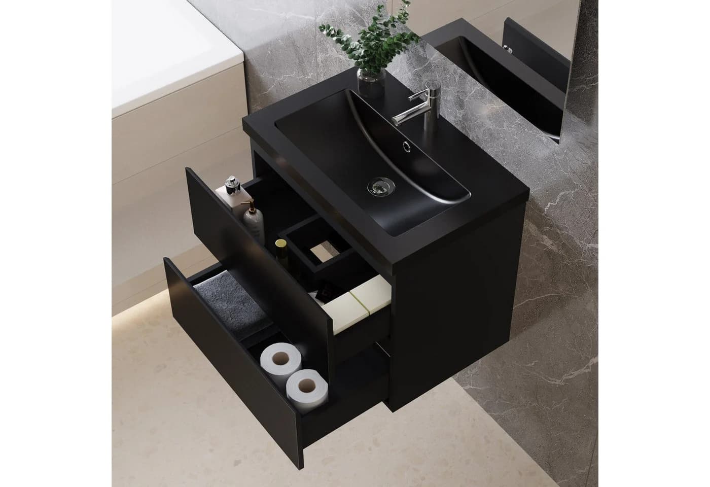 duschspa Waschtisch mit Unterschrank Schwarz Hochglanz