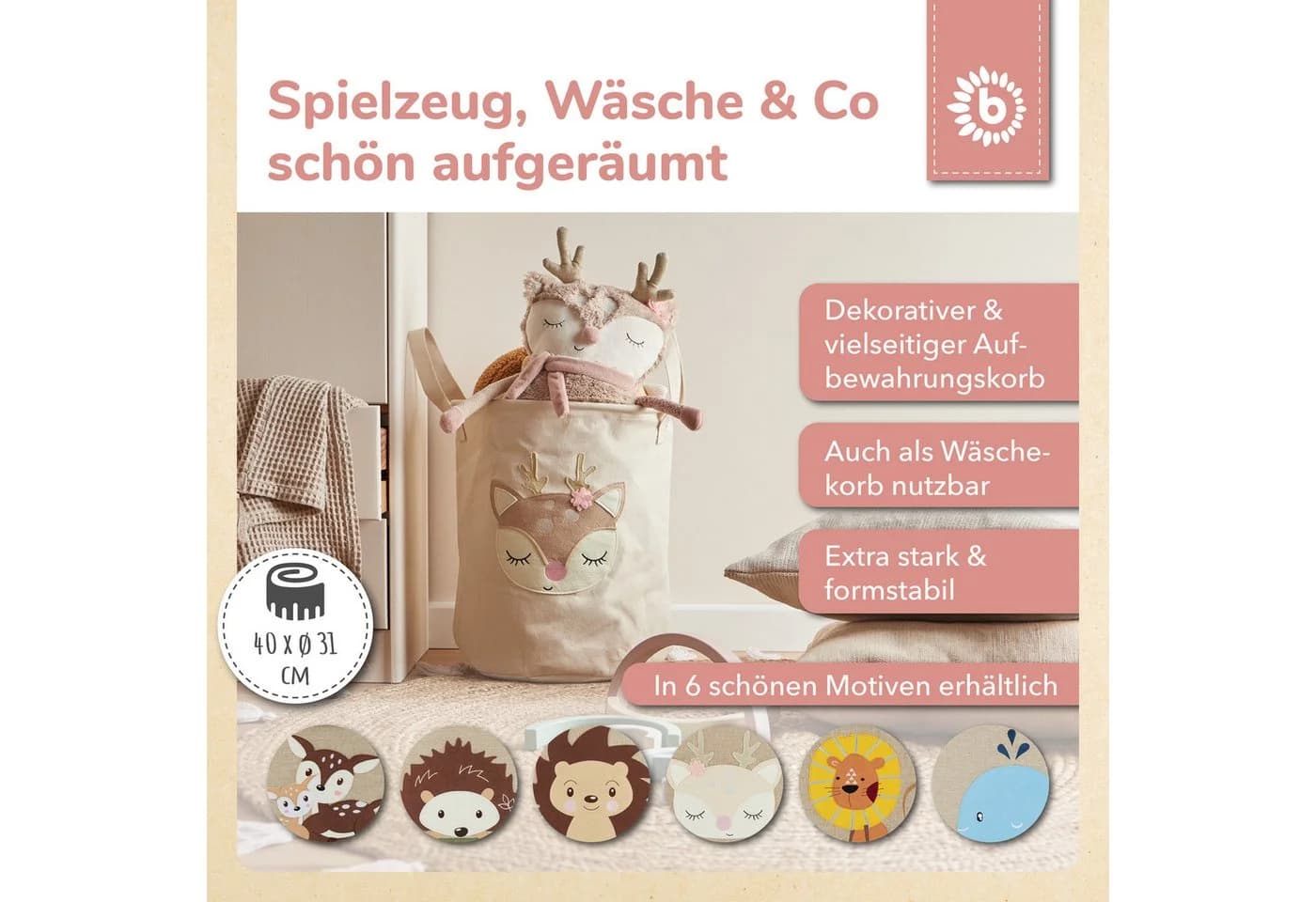 Aufbewahrungskorb Baby Reh - Vielseitiger Wäschekorb aus Canvas, Stahl und PE