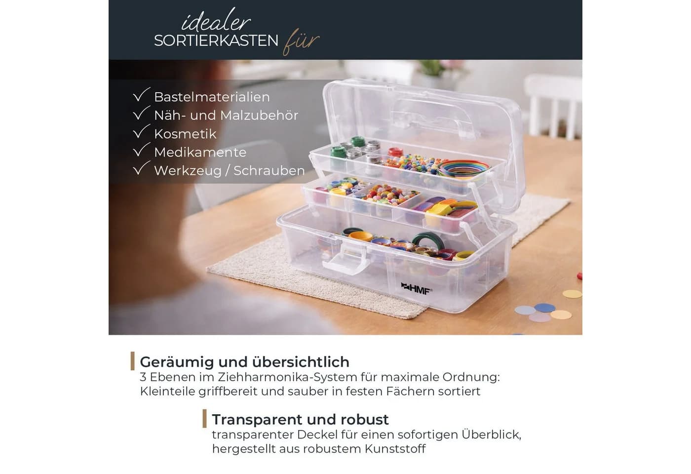 HMF Nähkasten 3 Ebenen Sortierbox Transparent