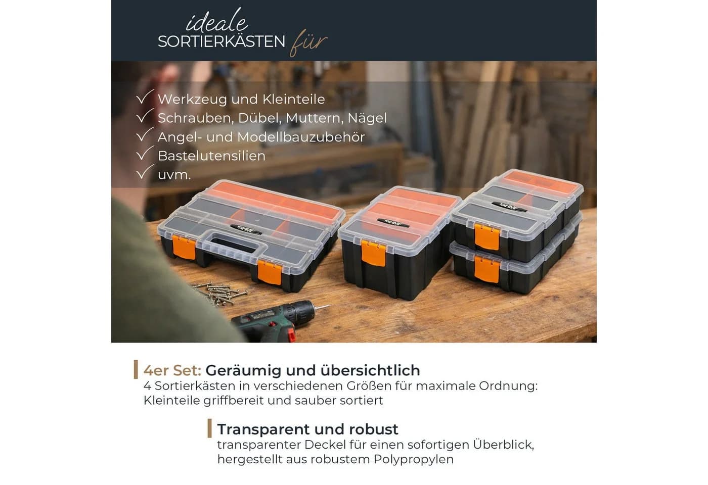 HMF Sortimentskasten 4-teilig Schwarz-Orange mit 49 Fächern