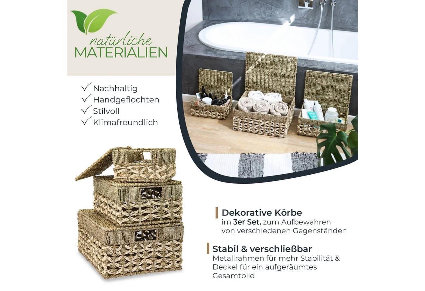 HMF Aufbewahrungskorb 3er-Set mit Deckel Seegras Palmblätter