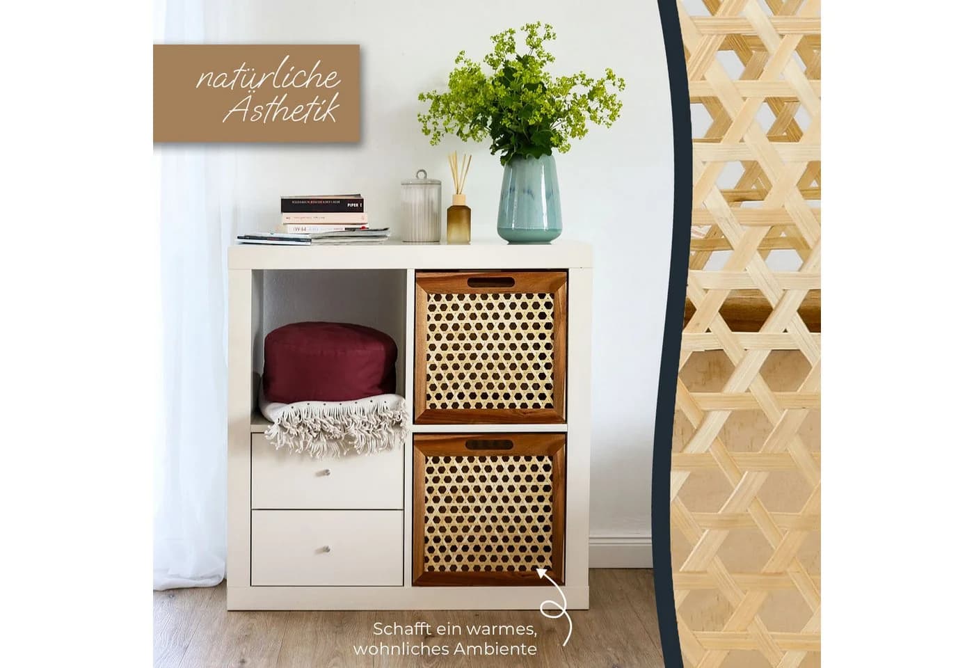 HMF Regalkorb Aufbewahrungskorb Rattan Akazienholz Kallax 32x34x32cm Natur - Bild 4