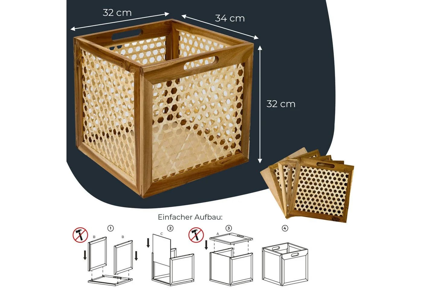 HMF Regalkorb Aufbewahrungskorb Rattan Akazienholz Kallax 32x34x32cm Natur - Bild 5