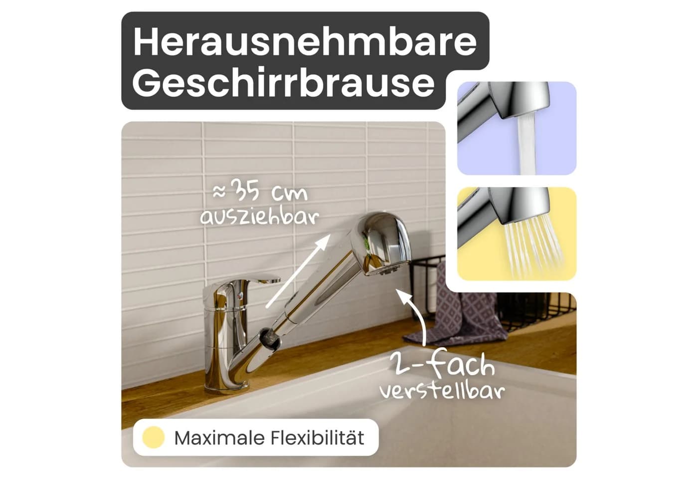 instmaier Elena Spültischarmatur Küche Ausziehbar Niederdruck 2 Strahlarten - Bild 3