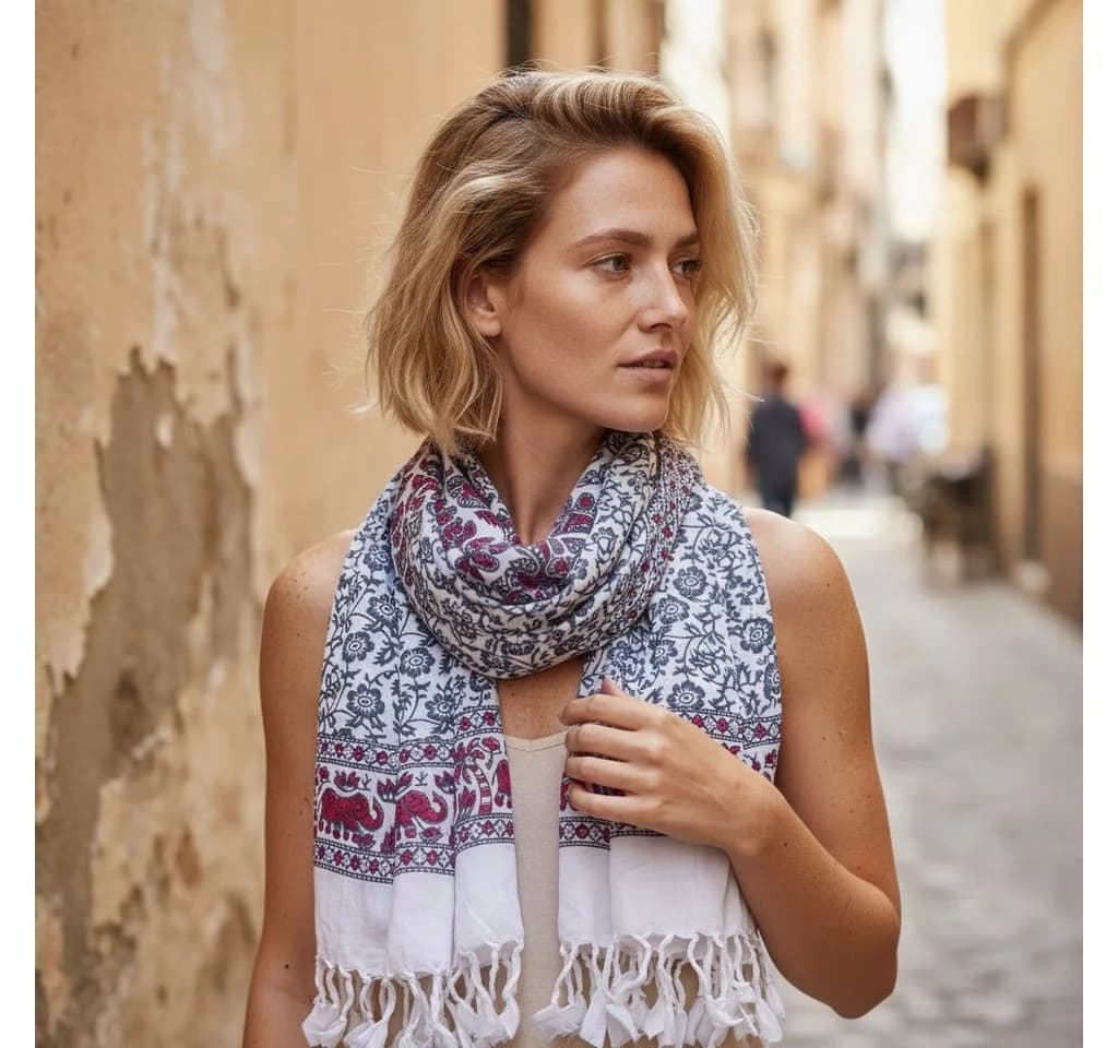 Guru-Shop Bali Sarong Weiß/Grau Handgebatiktes Viskose-Tuch
