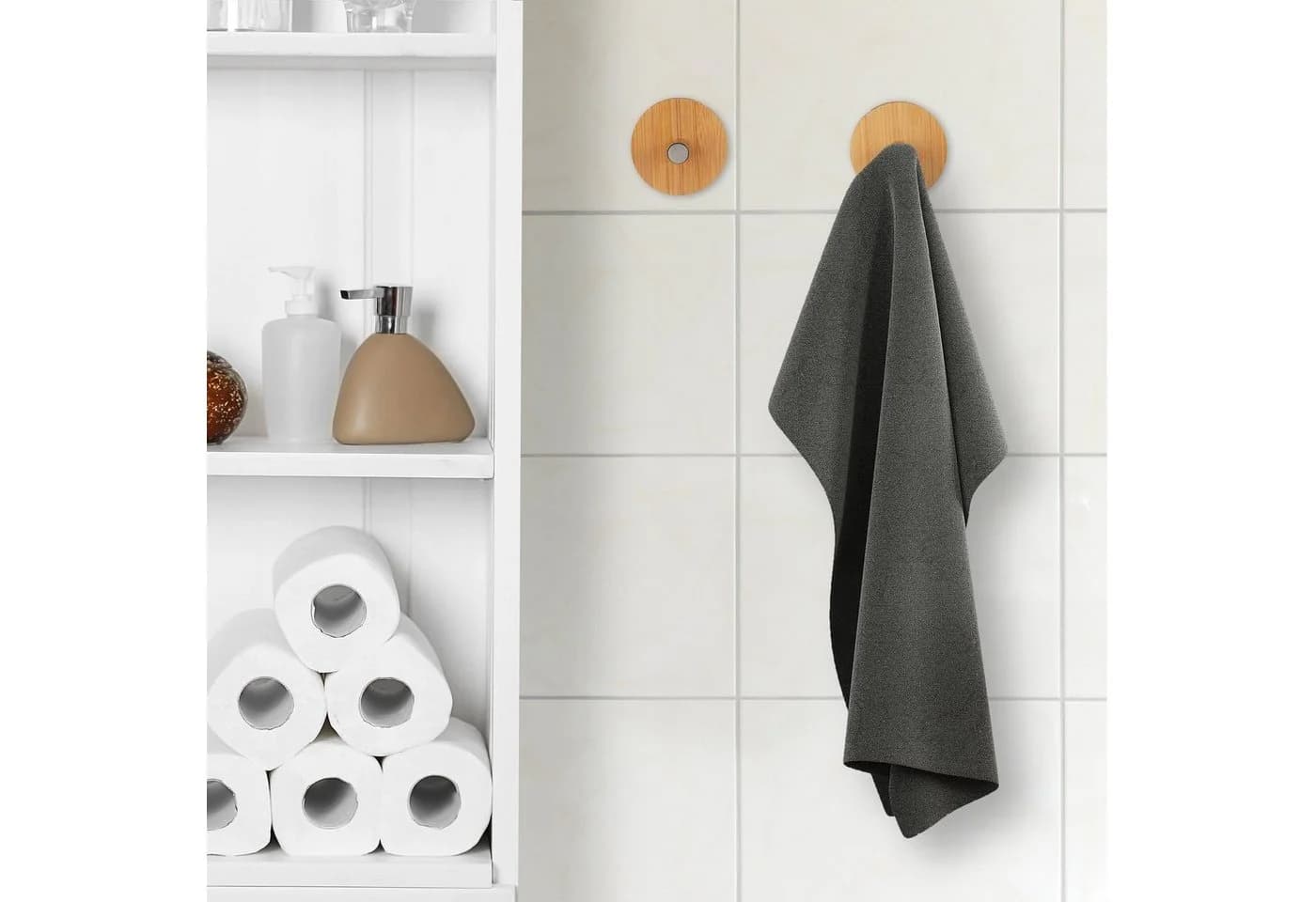 relaxdays Kleiderhaken Handtuchhaken selbstklebend 4er Set Bambus Silber