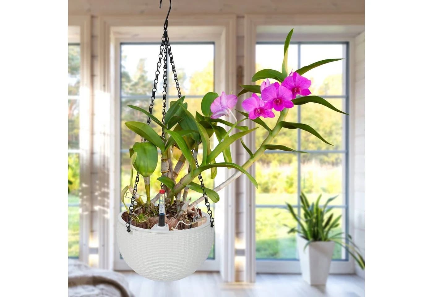 relaxdays Blumenampel mit Wasserspeicher 2er Set Weiß/Schwarz - Bild 1