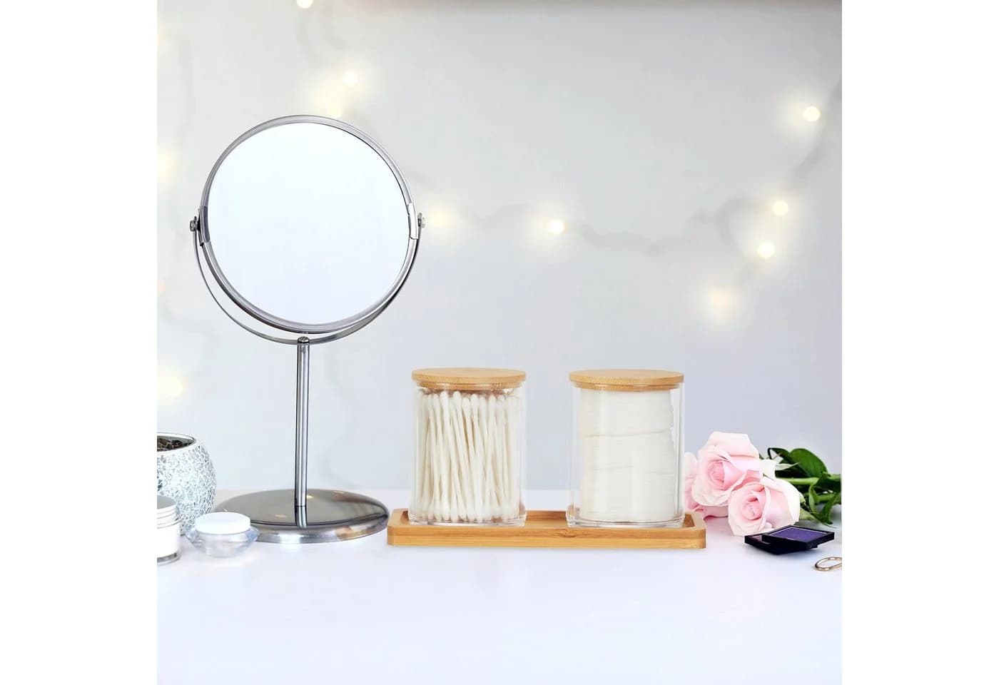 RELAXDAYS Make-Up Organizer Wattestäbchenbehälter mit Bambus-Tablett Transparent - Bild 1