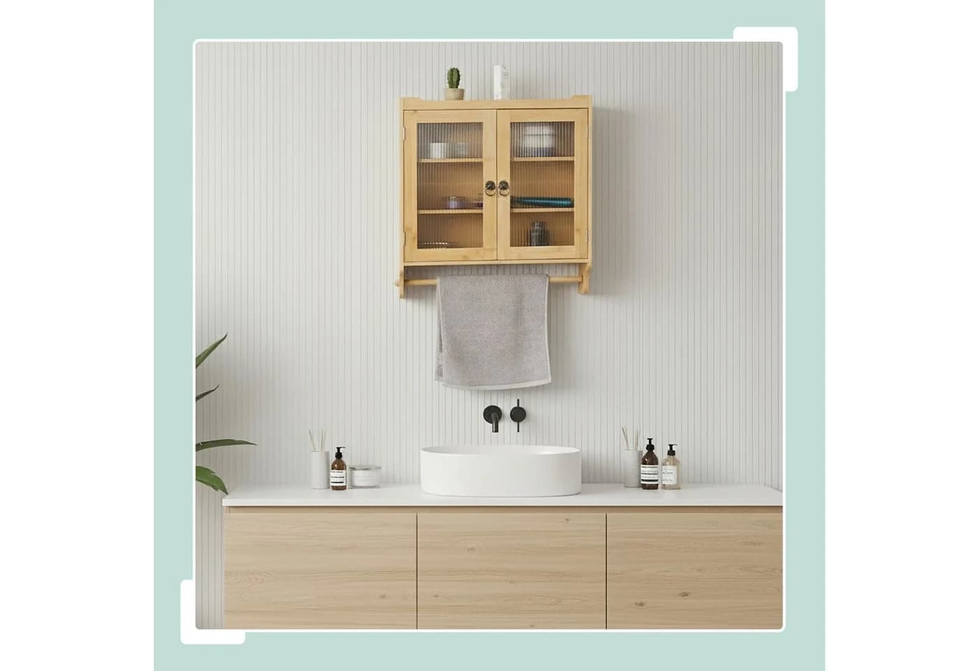 relaxdays Hängeschrank Bambus mit Handtuchhalter und Acrylglastüren - Bild 3
