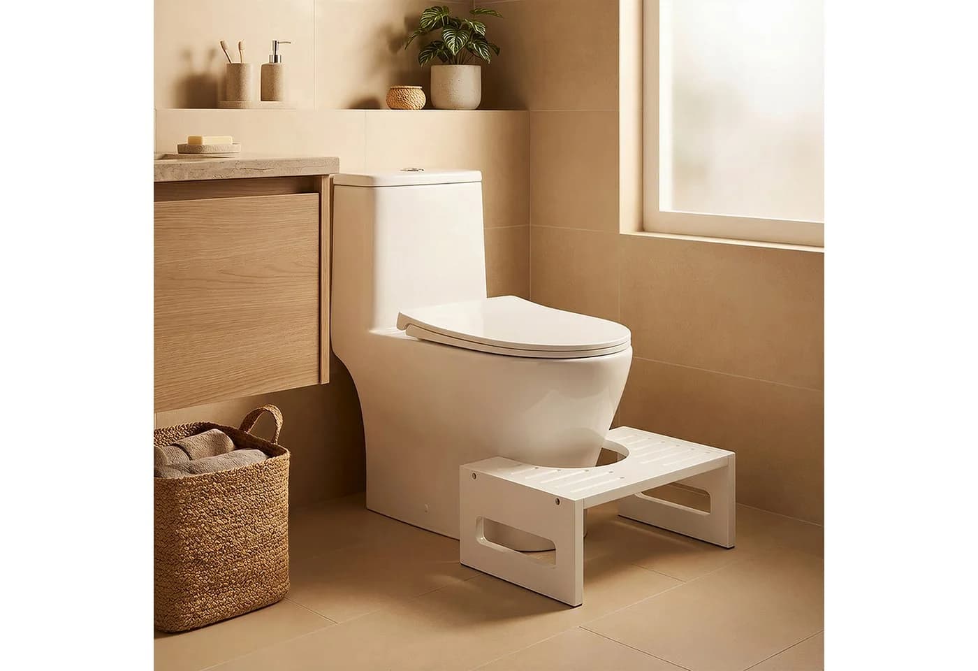 relaxdays Fußhocker Toilettenhocker Bambus Weiß - Bild 1