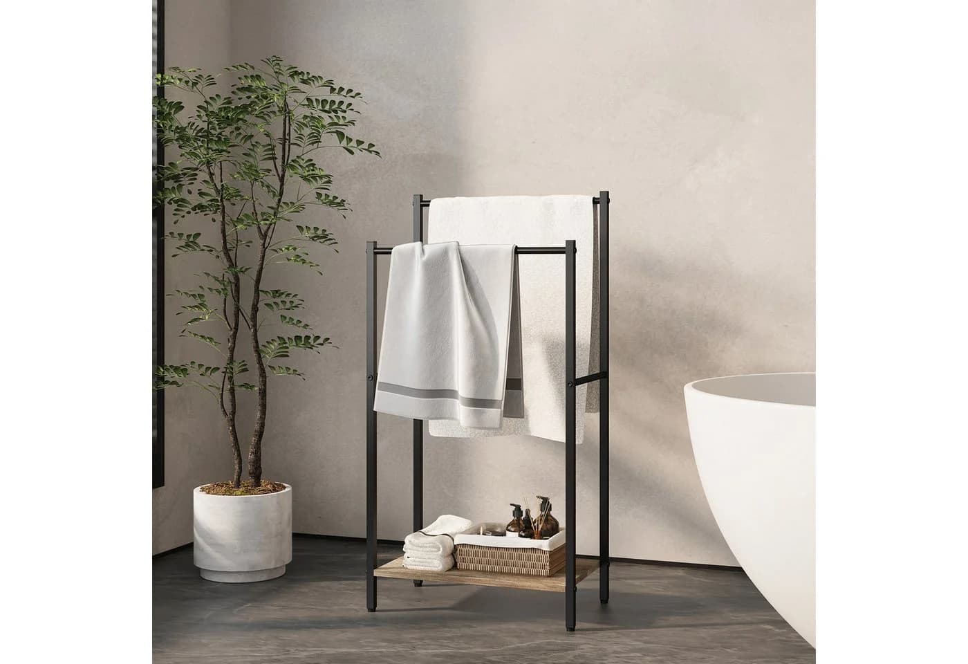 relaxdays Handtuchständer mit Ablage Holzoptik Schwarz