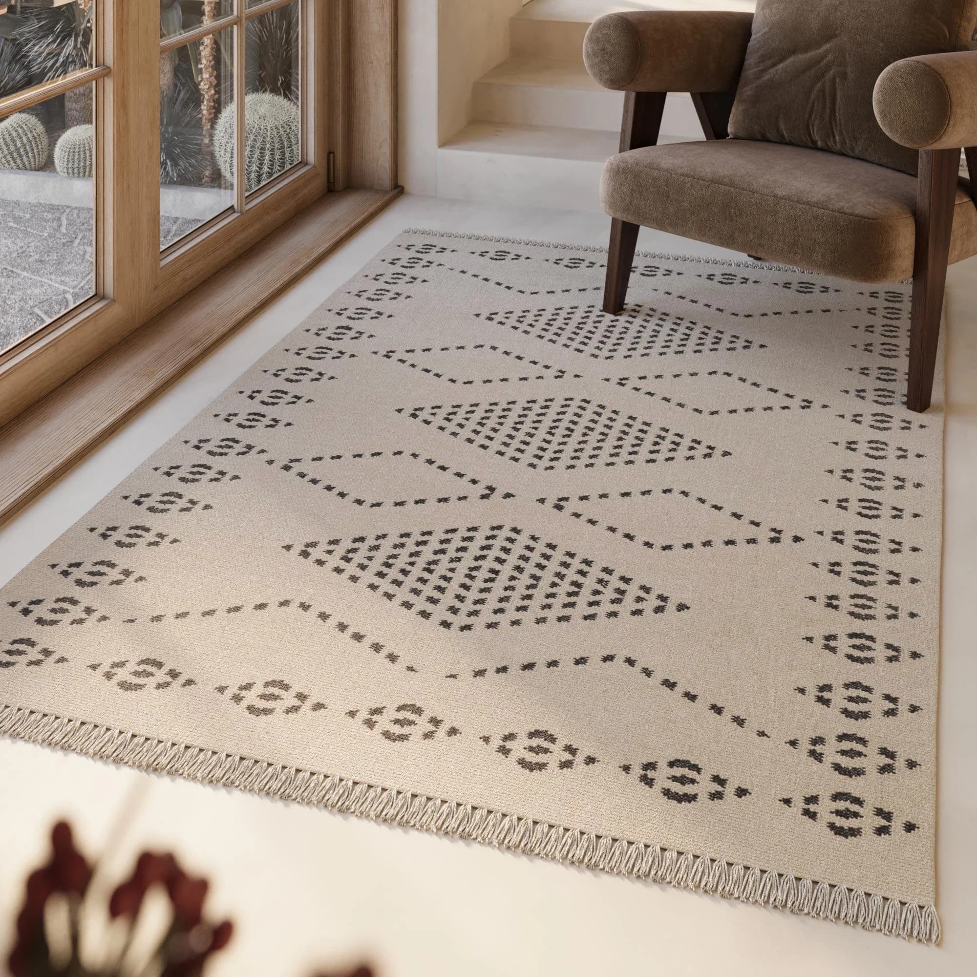 GREEN LOOOP Belmont Wollteppich Beige Handgewebt Rautenmuster