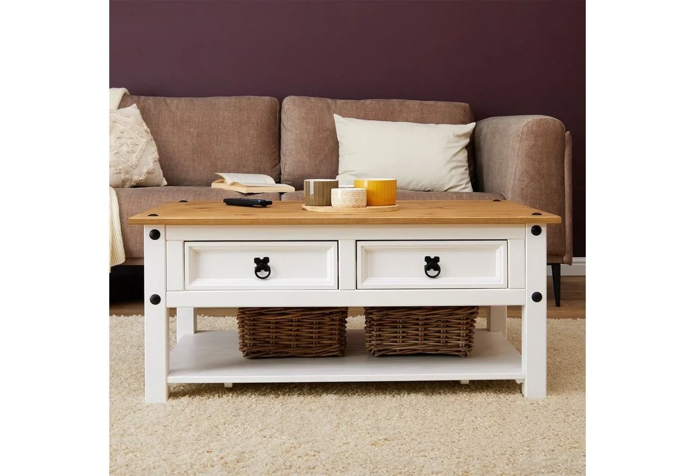 CARO-Möbel Couchtisch CAMPO Weiß Kiefer Massivholz 2 Schubladen