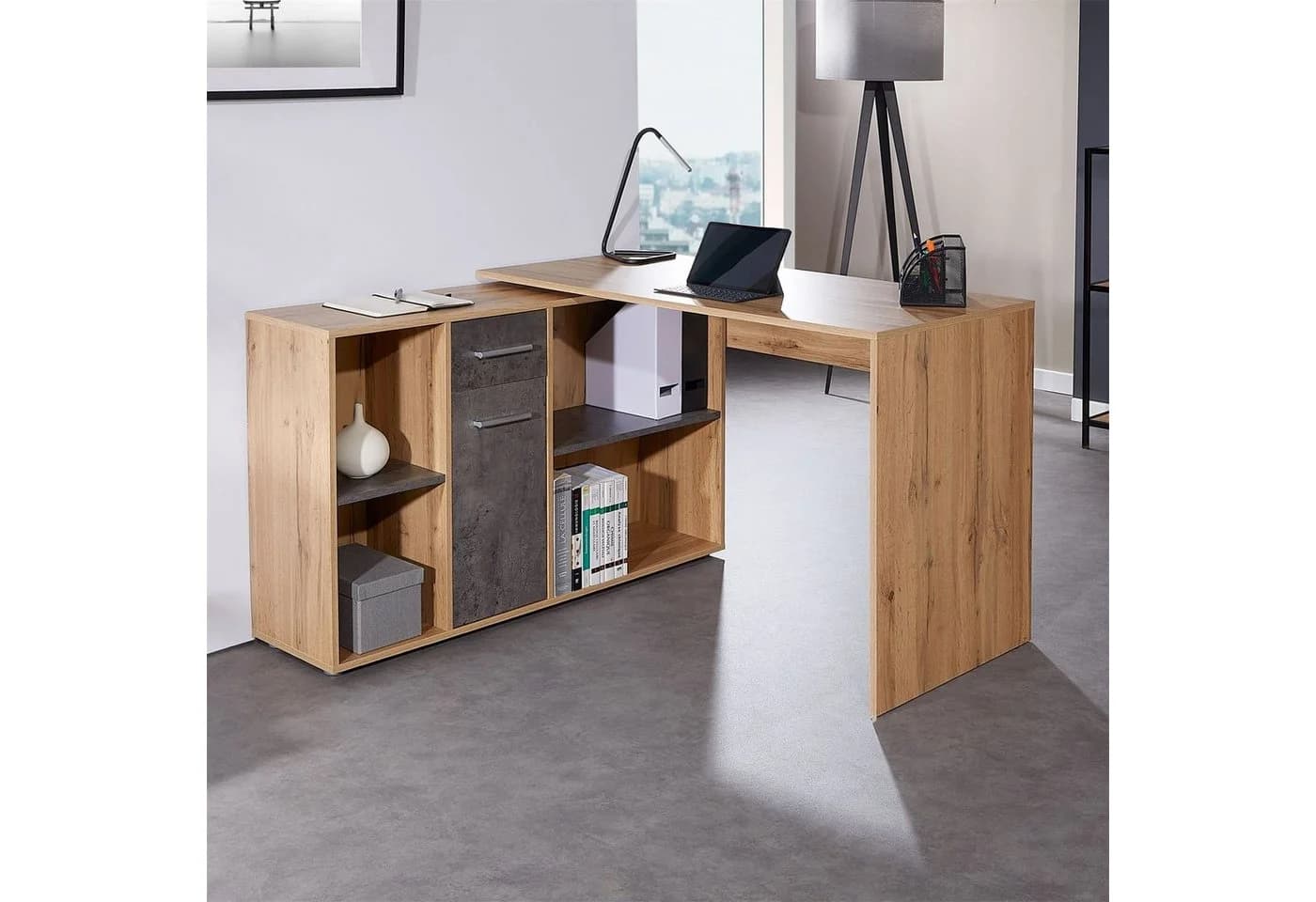 CARO-Möbel Eckschreibtisch DIEGO, Schreibtisch mit Stauraum in L-Form, Home Office Tisch Eiche