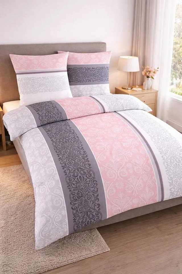 soma Bettwäsche Fein-Biber Set Rosa Silber Boho Barock 100% Baumwolle