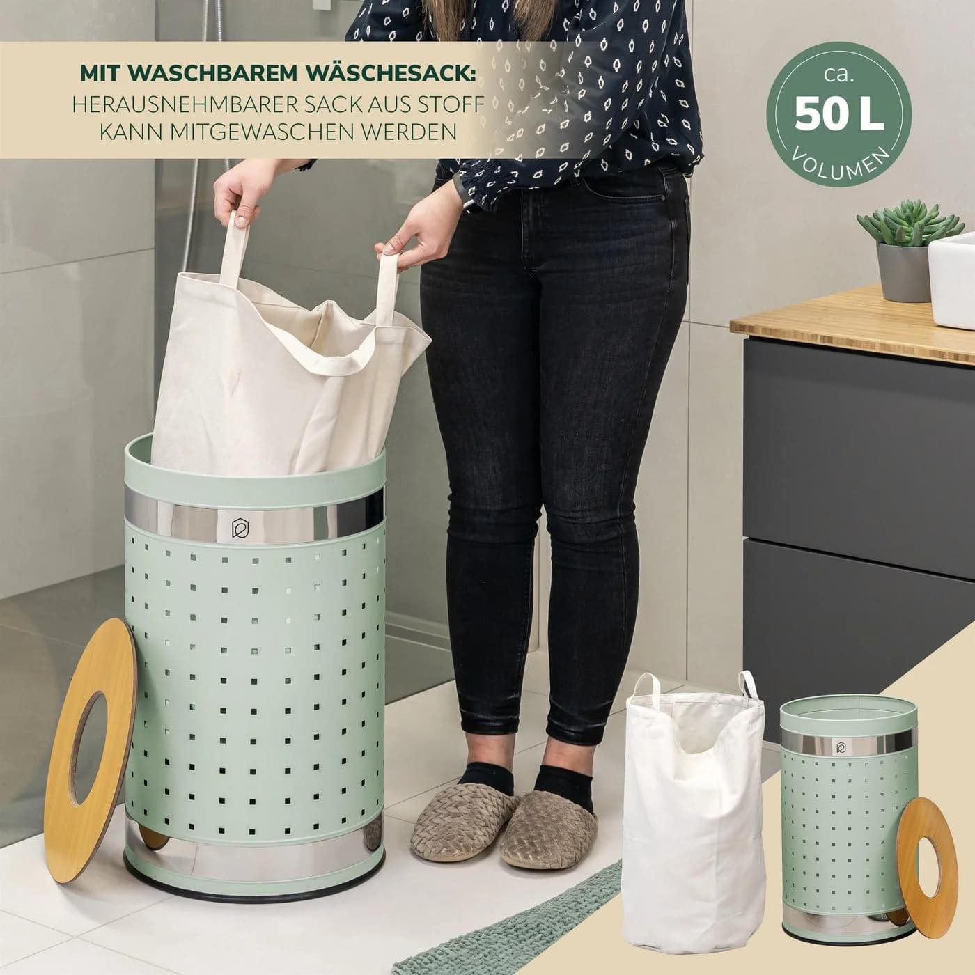 eluno Wäschetonne rund 50L mit Deckel und Wäschesack Mint - Bild 3