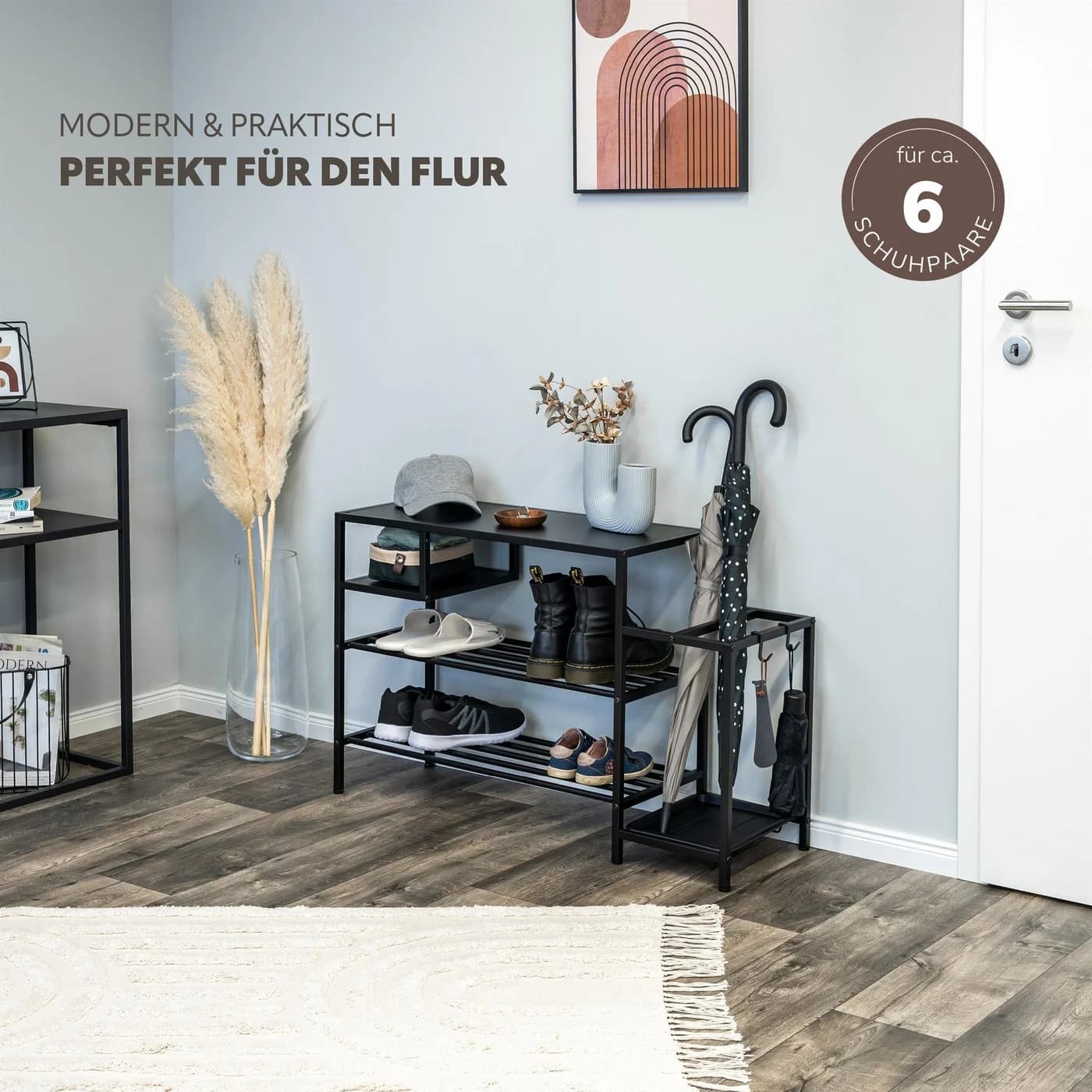 eluno Schuhregal mit Schirmständer Schwarz 4 Ablagen