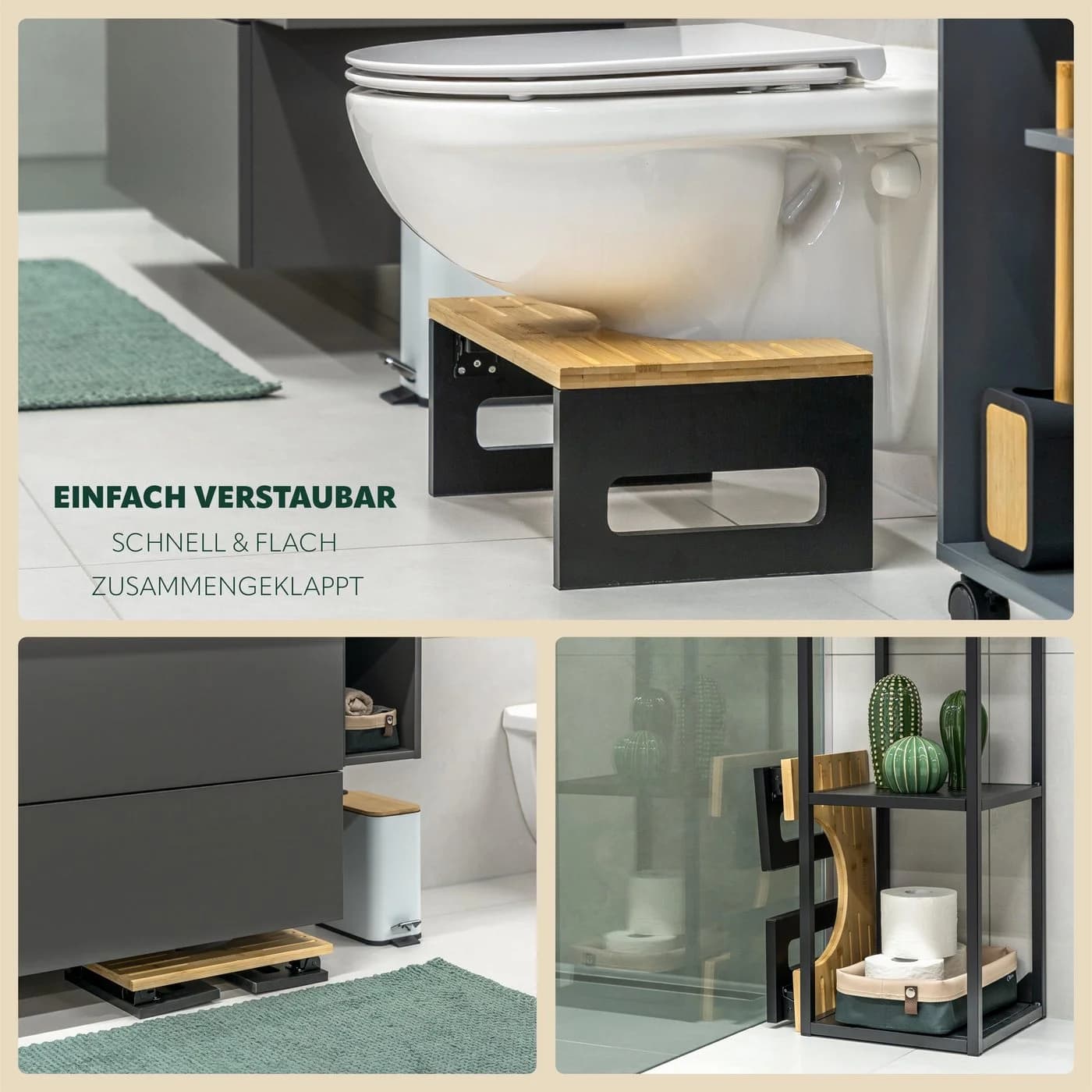 eluno Toilettenhocker Bambus Schwarz Zusammenklappbar - Bild 5