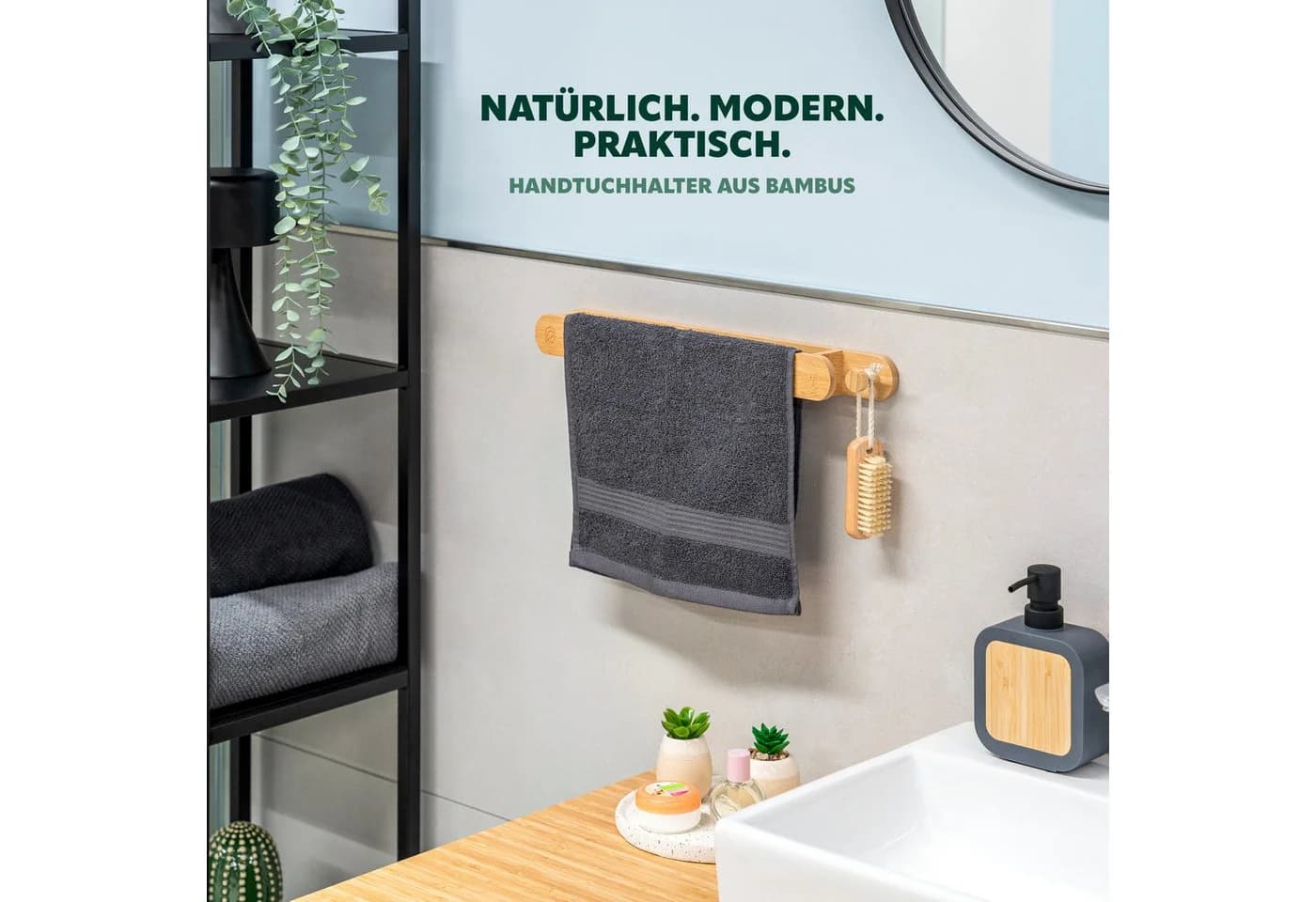 eluno Handtuchhalter aus Bambus mit Haken und 2-Wege-Montage