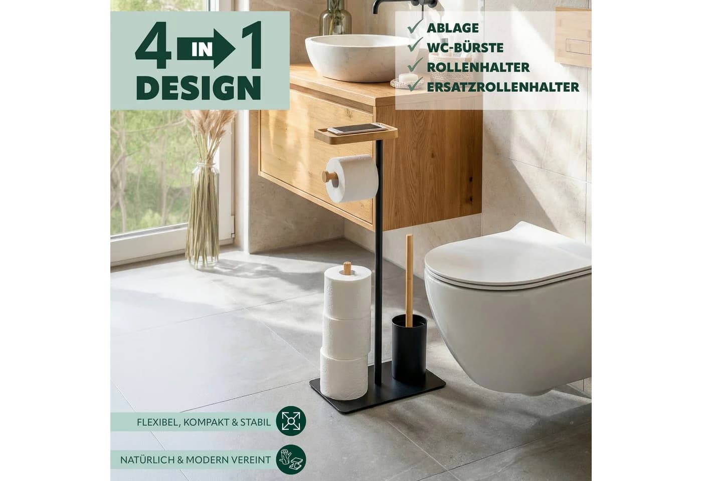 eluno WC-Garnitur Stand-WC 4in1 Schwarz Metall Bambus