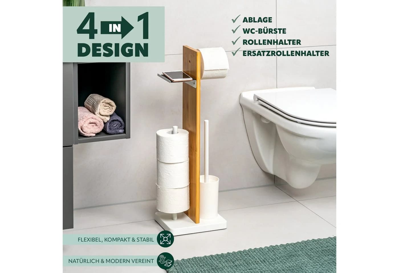 eluno Stand-WC-Garnitur 4in1 Weiß mit Ablage und Bürstenhalter