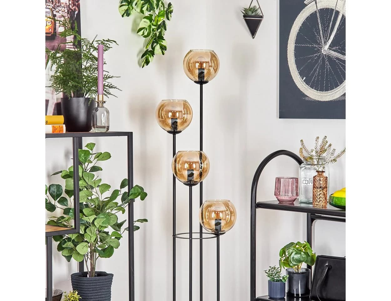 hofstein Stehlampe Retro Design Schwarz/Natur mit Glasschirmen