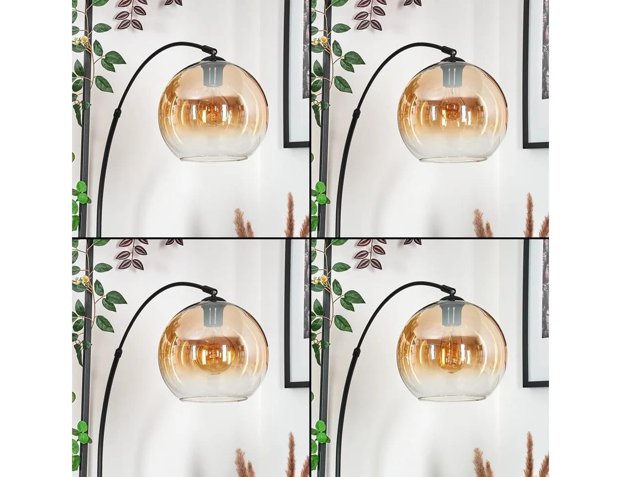 hofstein Stehlampe Schwarz Bernstein Glas Marmorfuß E27