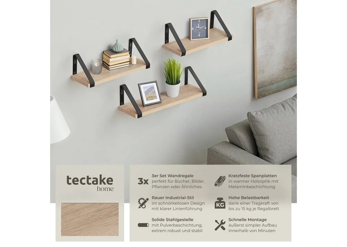 tectake Wandregal 3er Set Industrial Style Braun/Grau