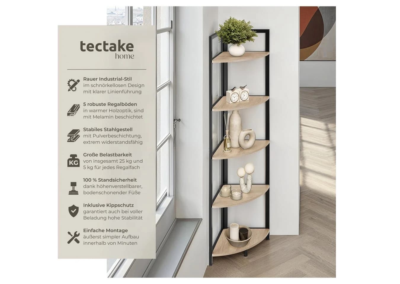 tectake Eckregal Castlebar 5 Ebenen Holzoptik Schwarz Kippschutz