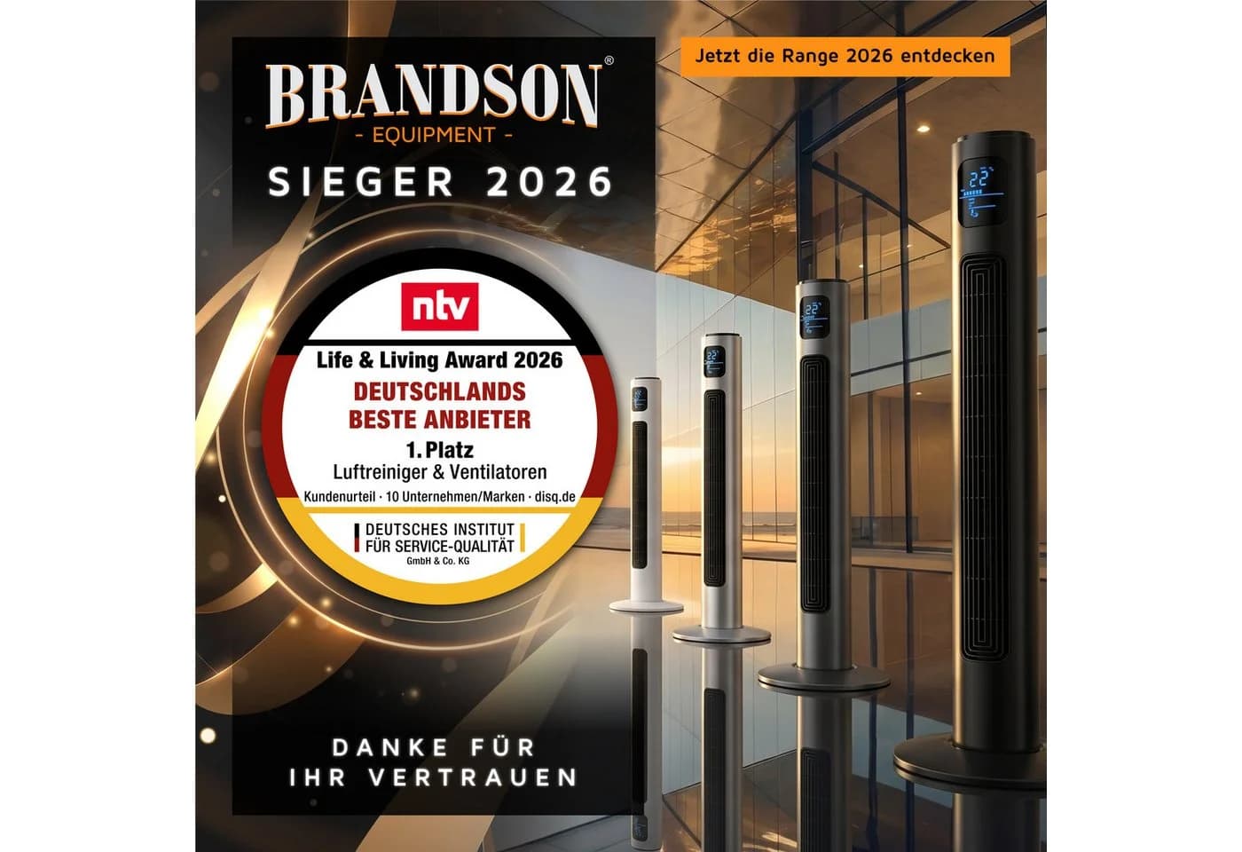 Brandson Turmventilator 96cm Oszillation Timer Fernbedienung Gold