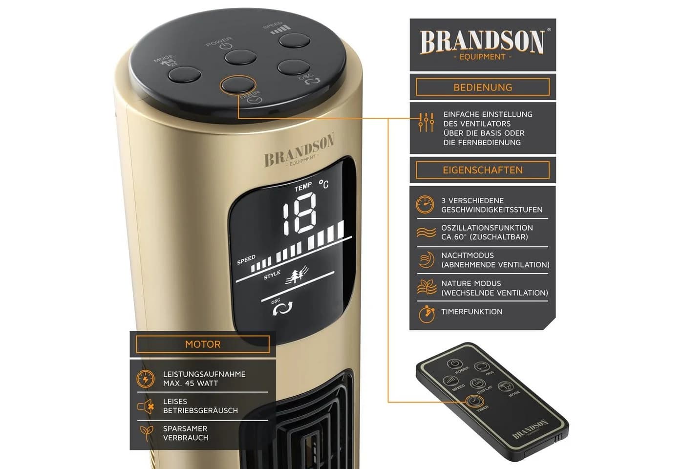Brandson Turmventilator 96cm Oszillation Timer Fernbedienung Gold - Bild 3