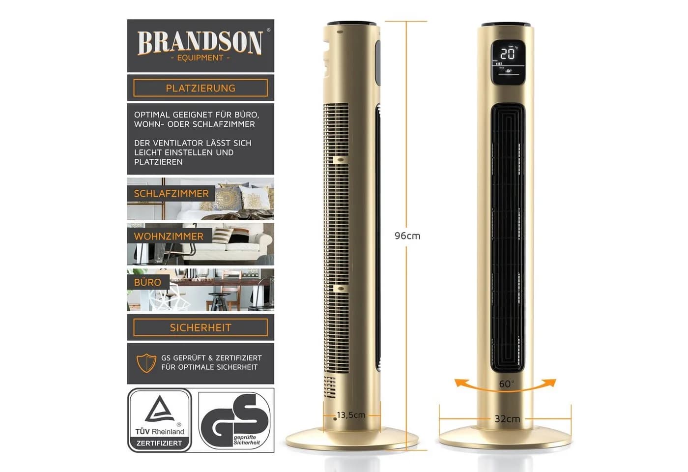 Brandson Turmventilator 96cm Oszillation Timer Fernbedienung Gold - Bild 4