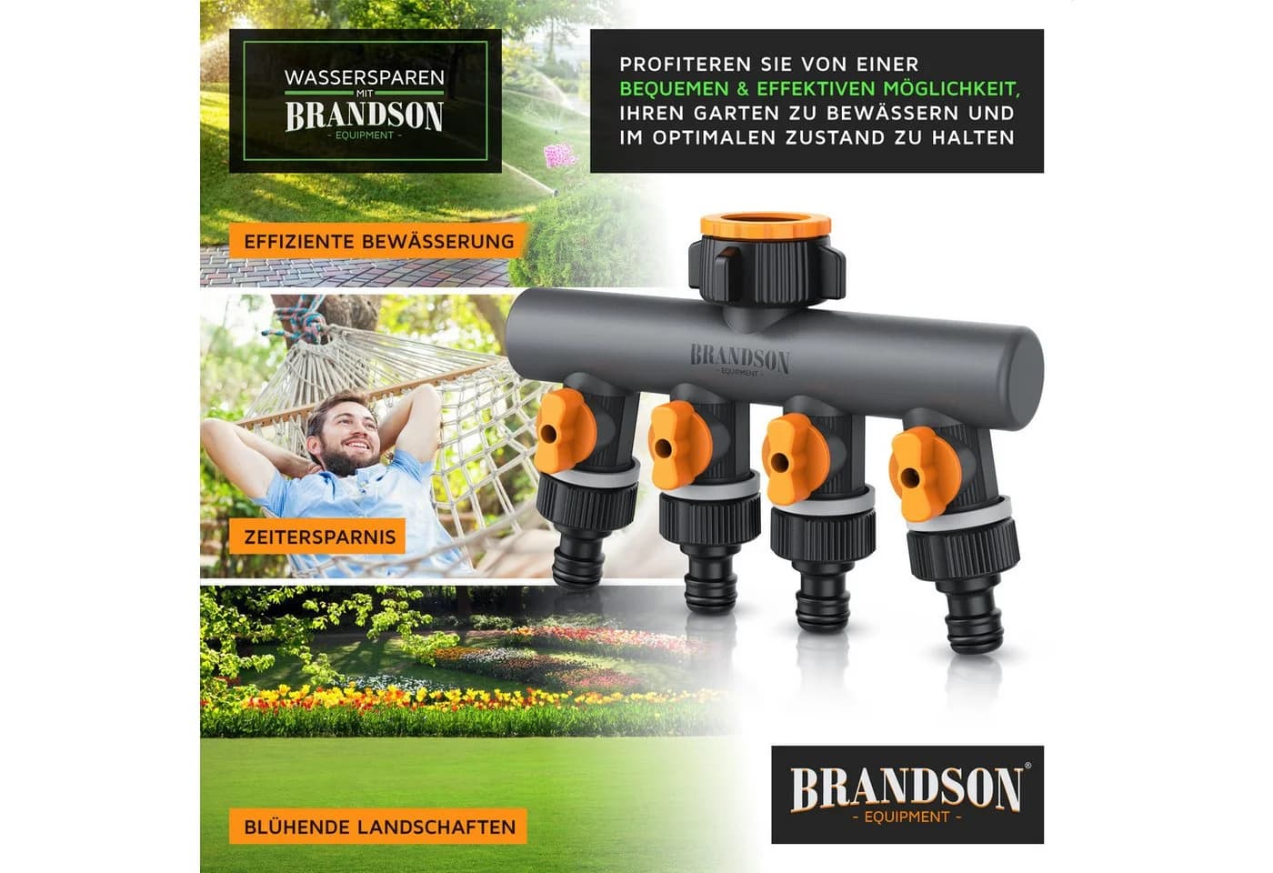 Brandson 4-Wege Wasserverteiler Schwarz/Orange mit Schnellkupplung - Bild 5
