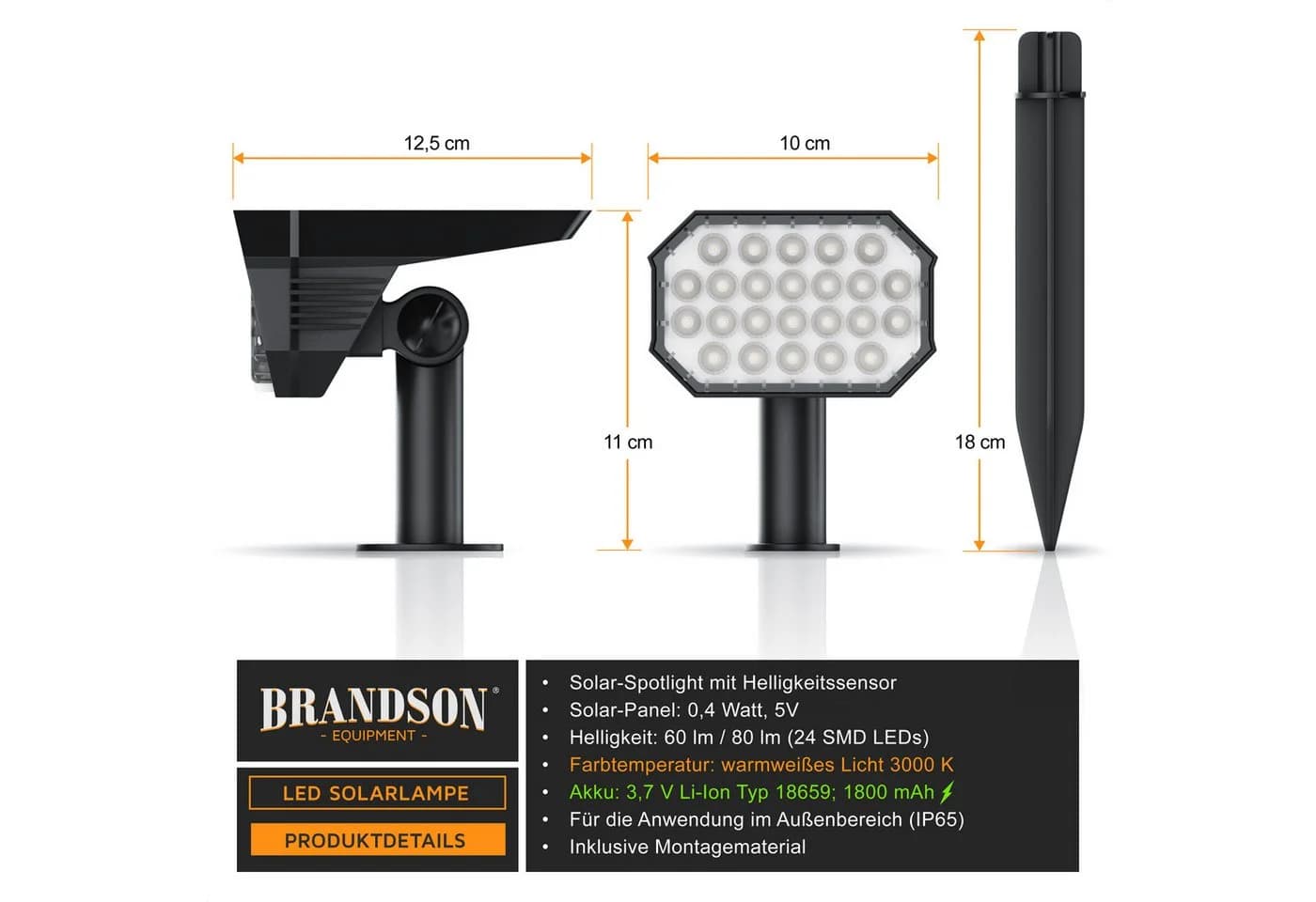 Brandson LED Gartenstrahler Solar Erdspießleuchte Schwarz IP65