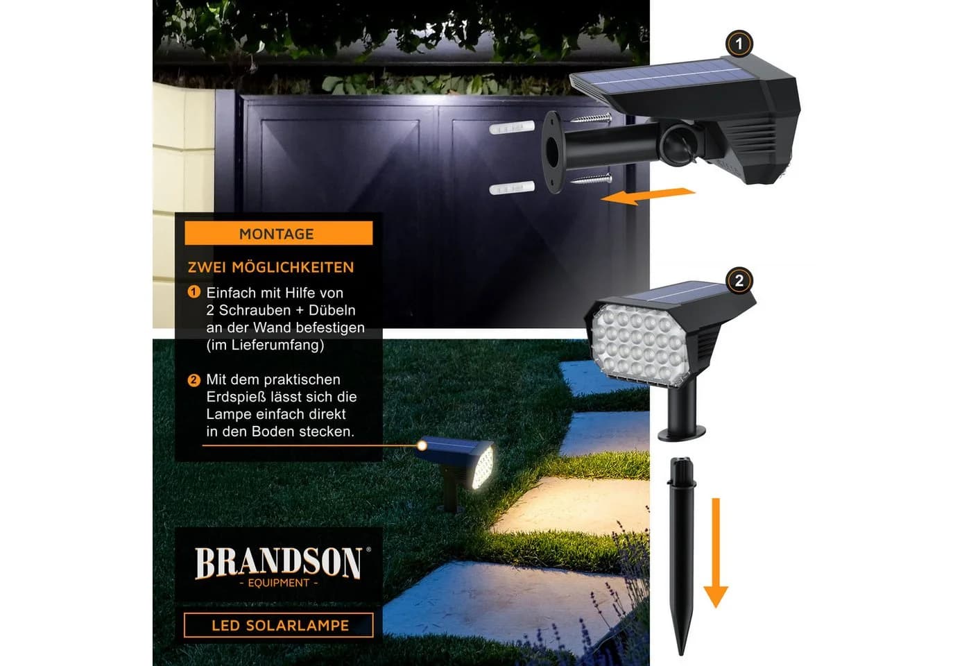 Brandson LED Gartenstrahler Solar Erdspießleuchte Schwarz IP65 - Bild 5