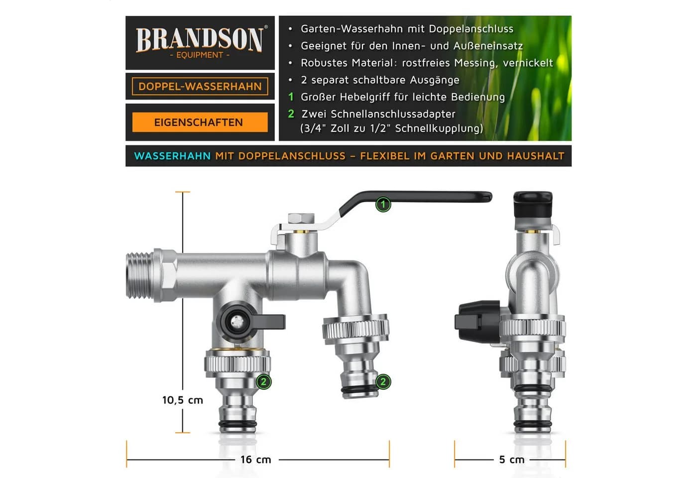 Brandson Garten-Wasserhahn Doppelanschluss Messing Silber
