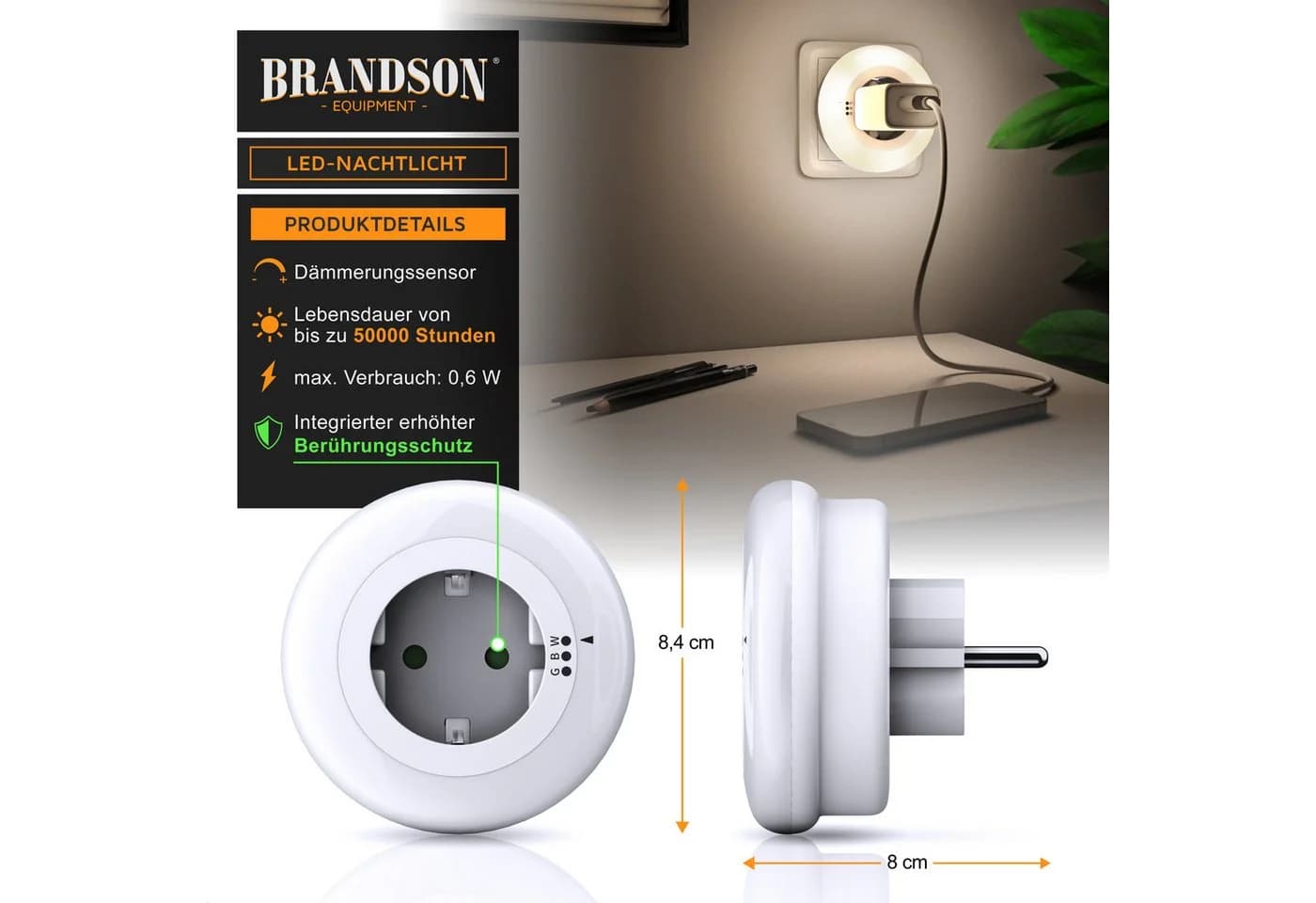 Brandson LED Nachtlicht mit Steckdose & Sensor - Weiß/Grün/Blau - Bild 1