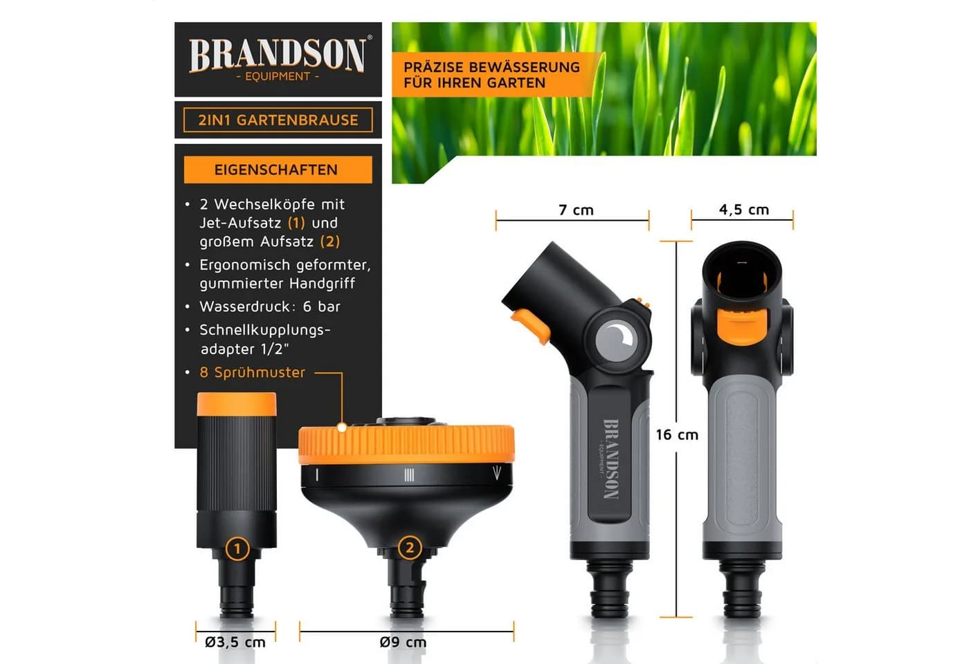 Brandson Multifunktionsbrause 2in1 mit 8 Sprühprofilen und Schnellwechsel