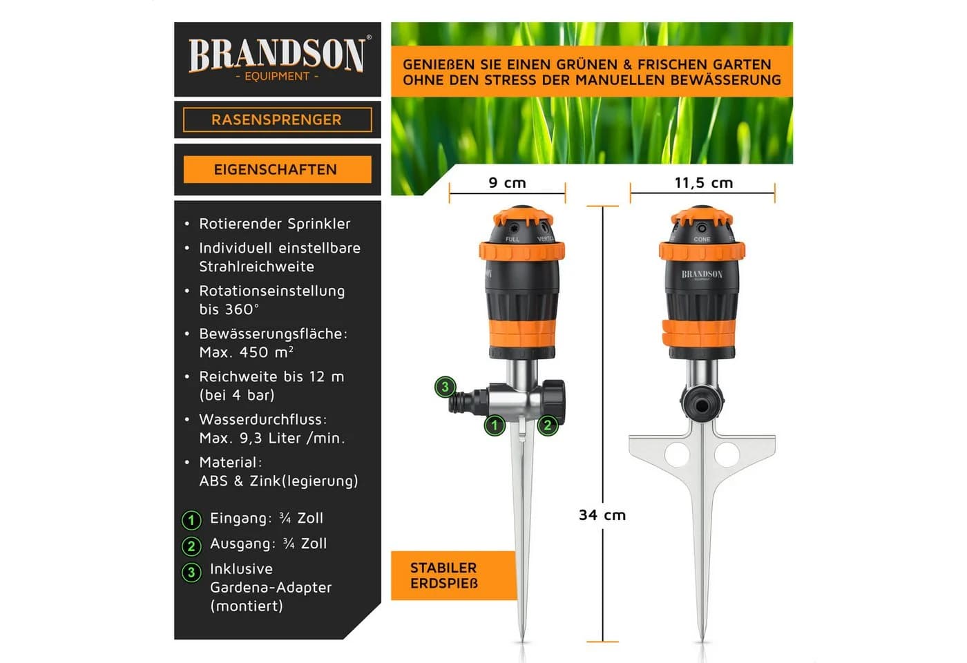 Brandson Kreisregner 5-fach Rasensprinkler mit Erdspieß