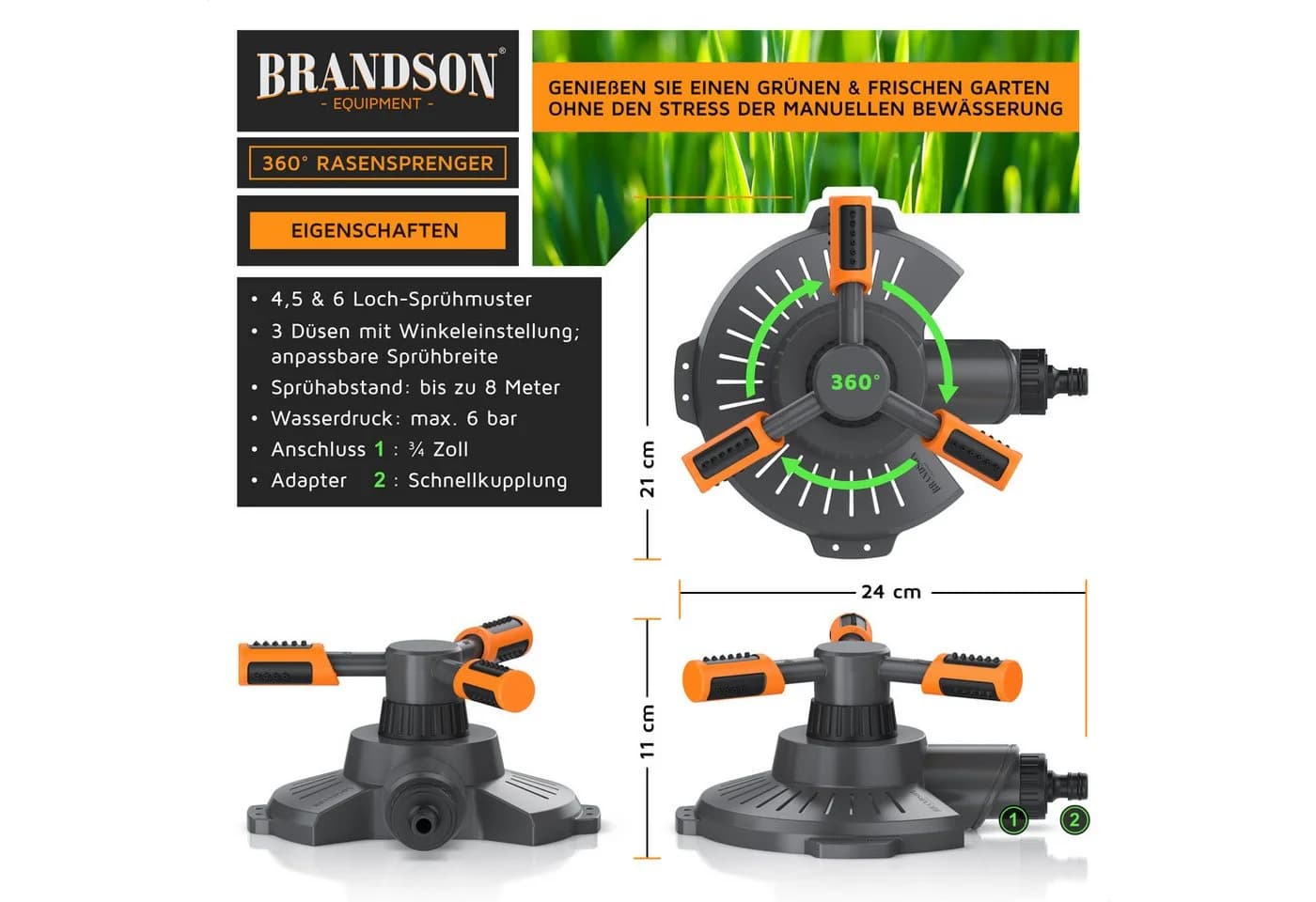 Brandson Rasensprenger 360° Kreisregner 3 Arm Kunststoff Orange Grau