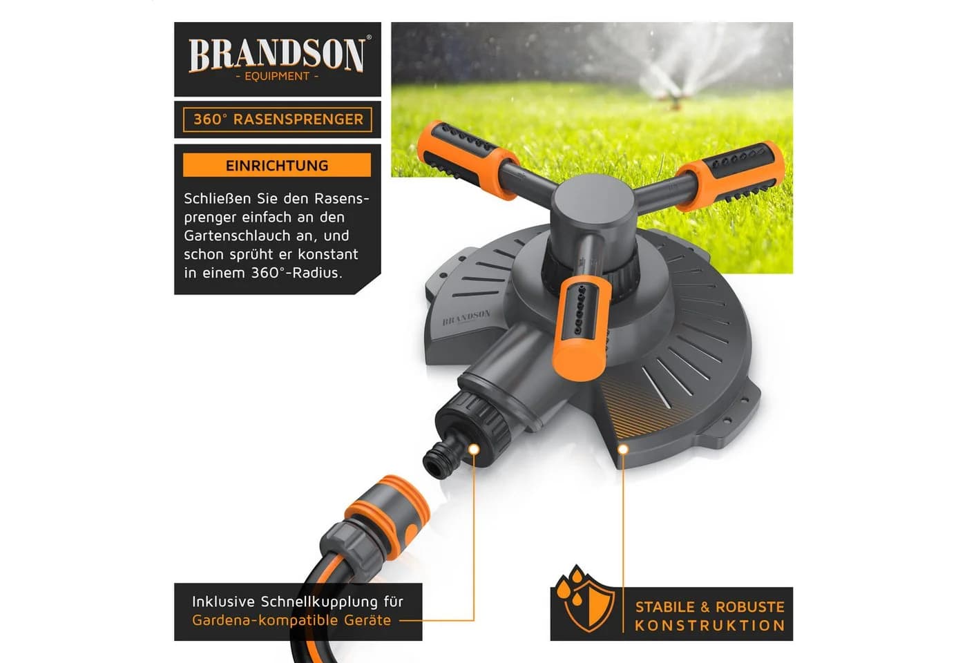 Brandson Rasensprenger 360° Kreisregner 3 Arm Kunststoff Orange Grau - Bild 3