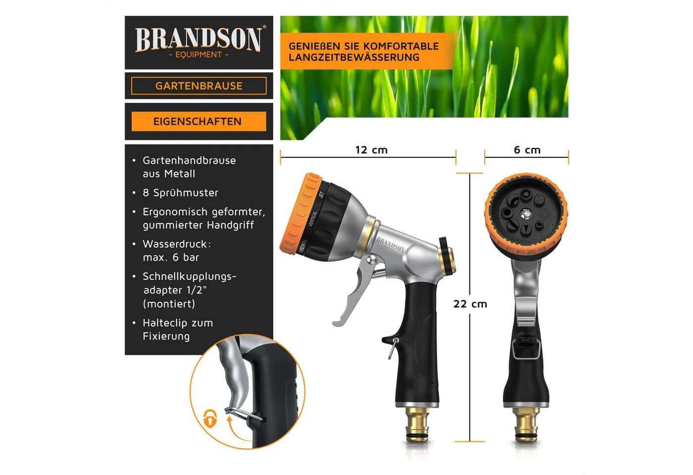 Brandson Multifunktionsbrause Garten Metall 8 Sprühmuster