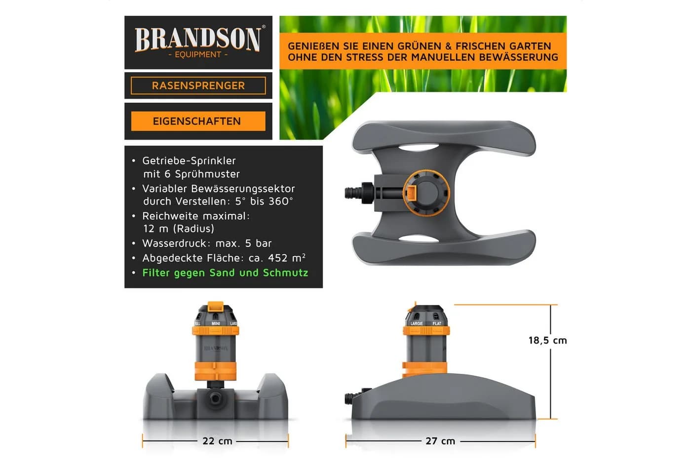 Brandson Vielflächenregner Garten Sprinkler 360° Rasensprenger