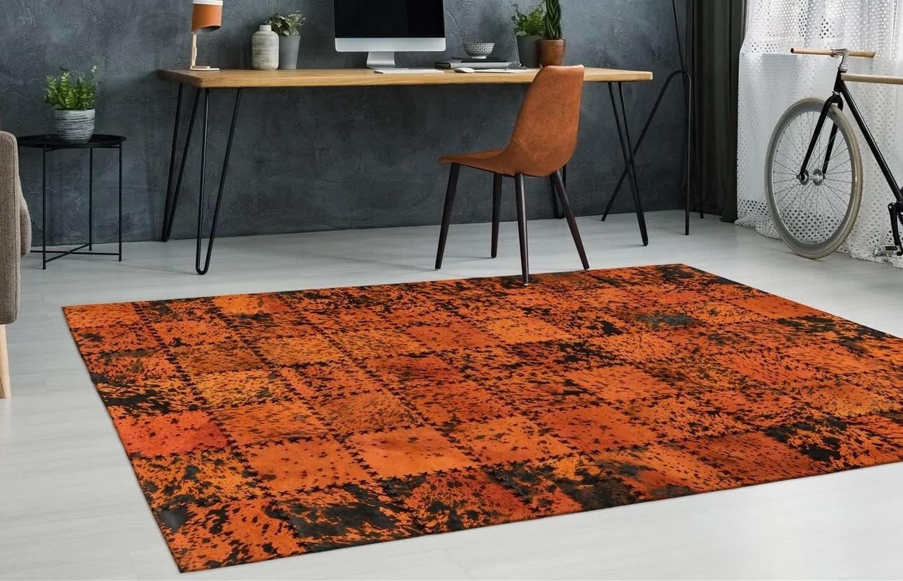 ARTE ESPINA Lederteppich Voila 100 Orange Patchwork Handgenäht