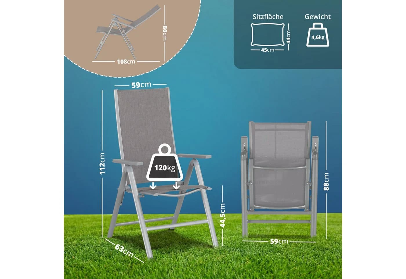 KHG Gartenstuhl Alu Klappstuhl silber 8-fach verstellbar mit Armlehne