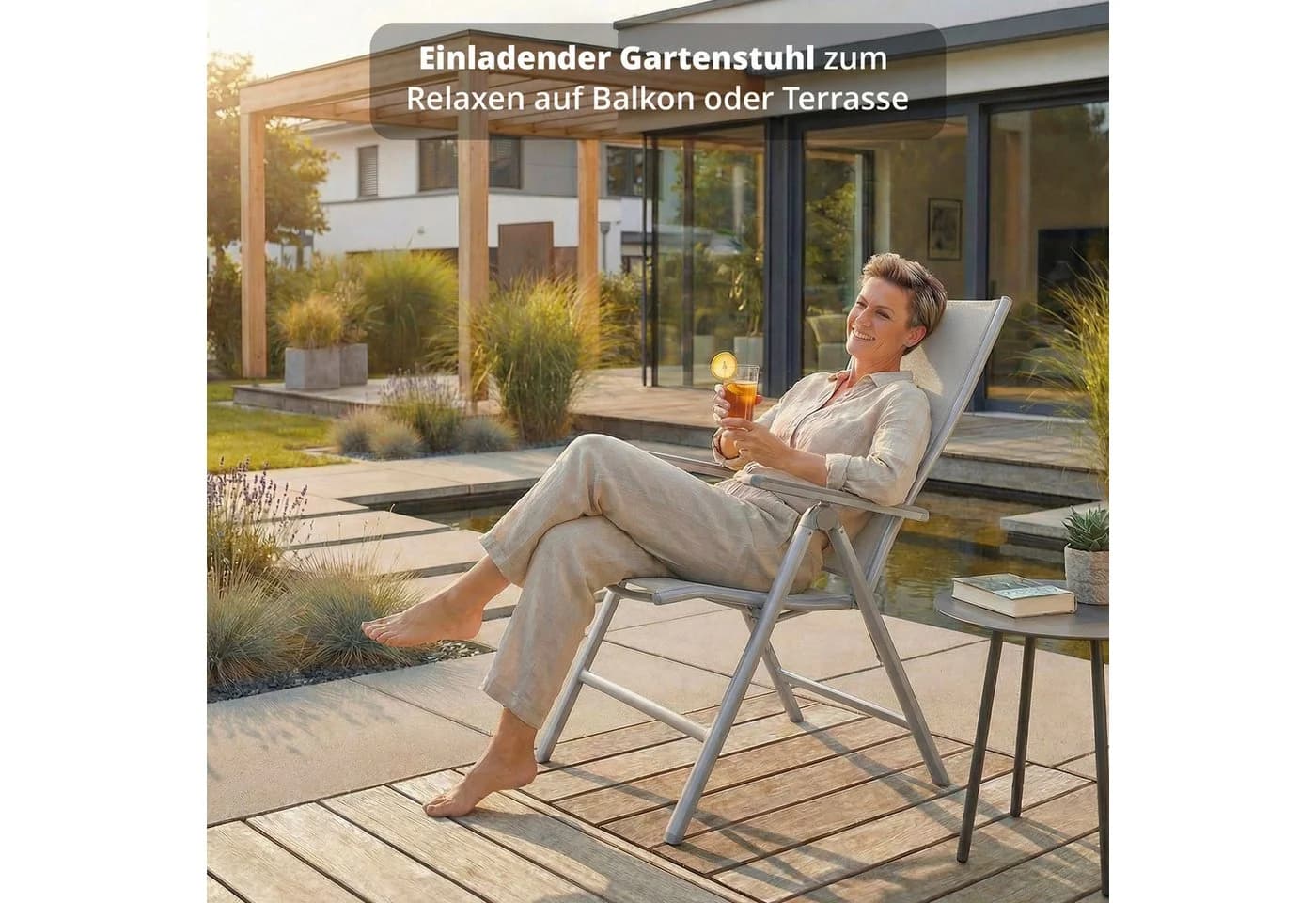 KHG Gartenstuhl Alu Klappstuhl silber 8-fach verstellbar mit Armlehne - Bild 3