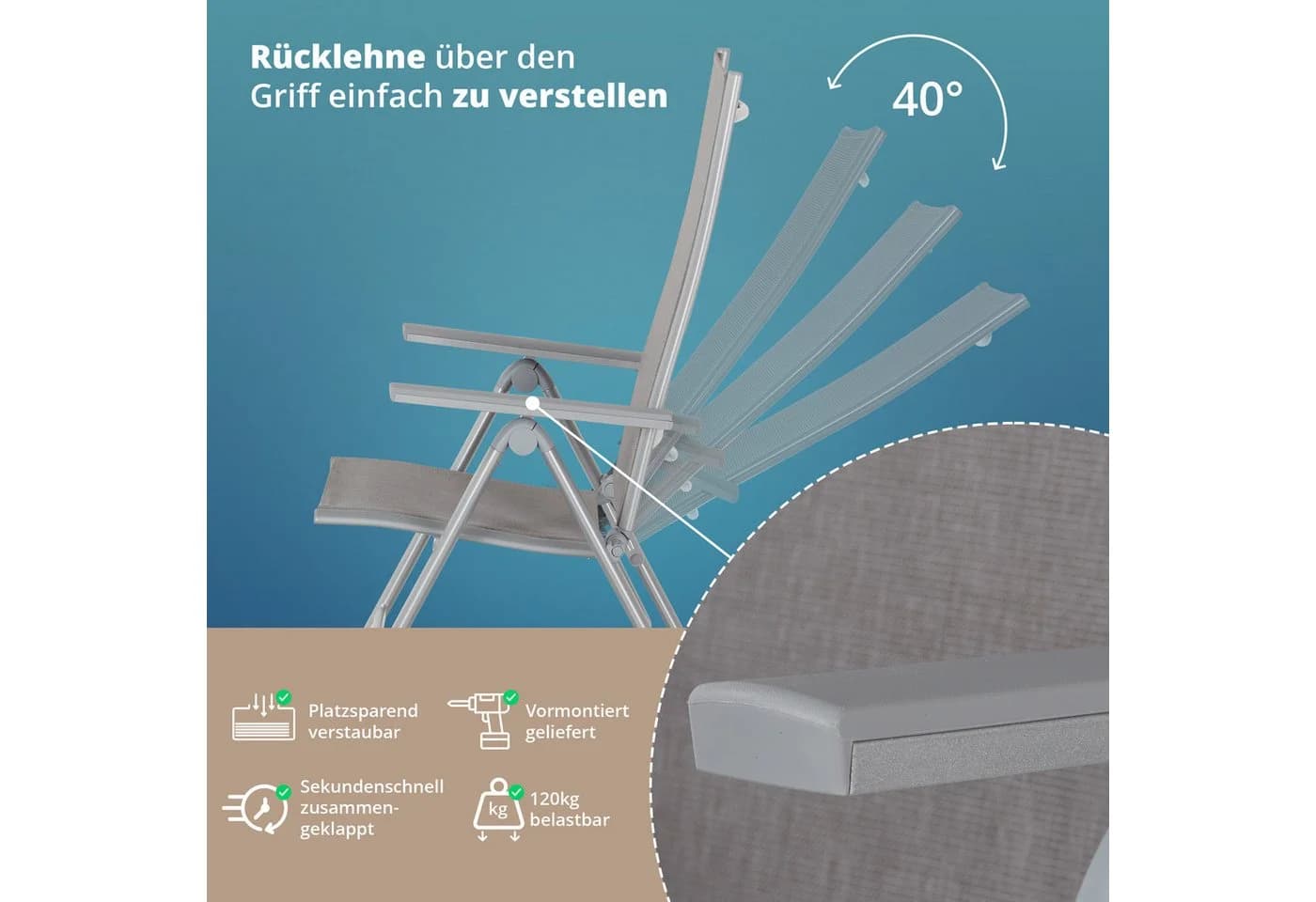 KHG Gartenstuhl Alu Klappstuhl silber 8-fach verstellbar mit Armlehne - Bild 5
