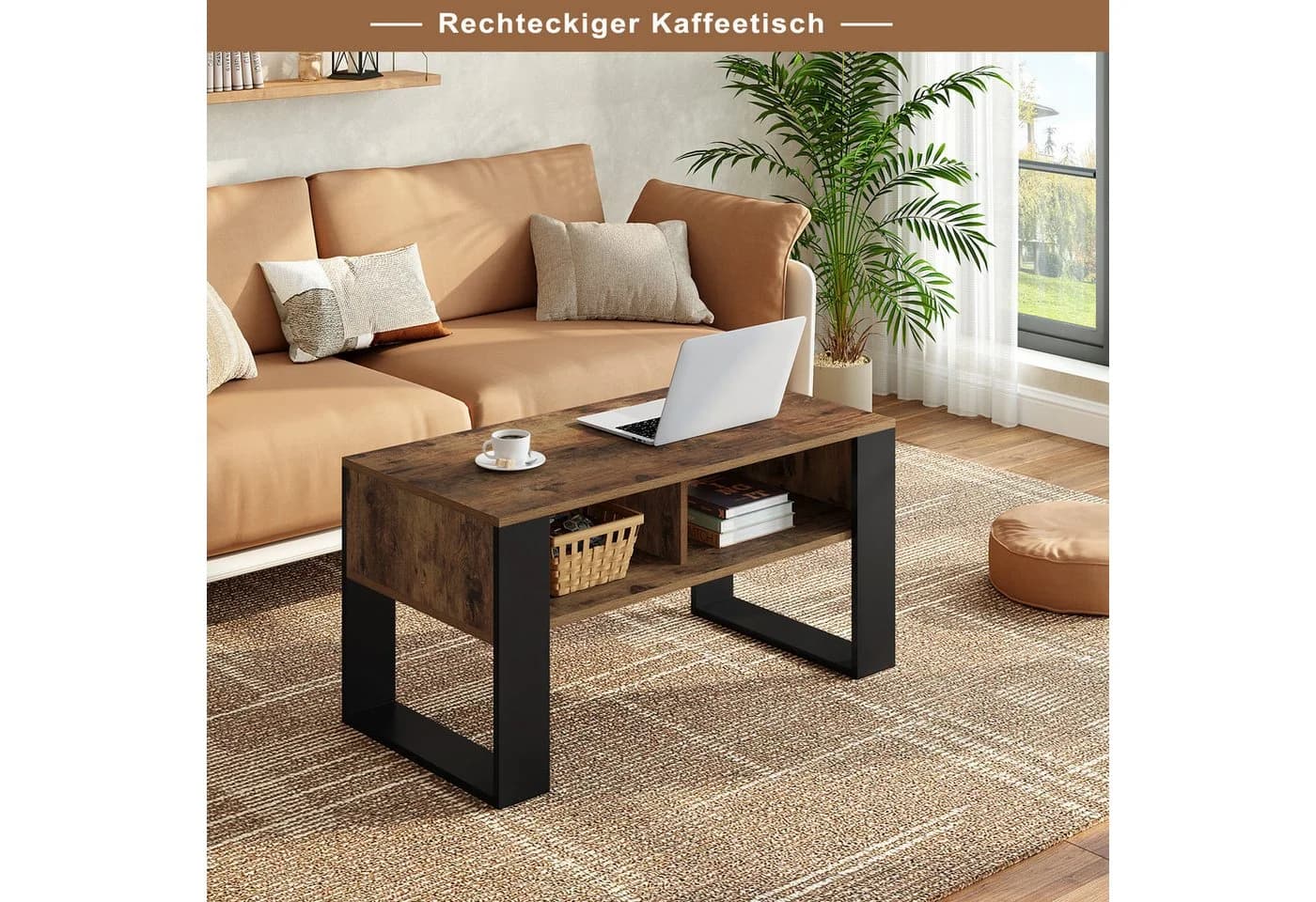 Woltu Wohnzimmertisch Modern Vintage-Holzoptik Schwarz 2 Fächer